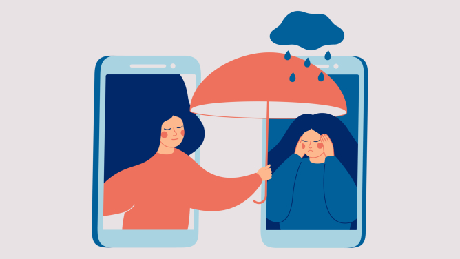 Girl comforts her sad friend over the phone. Woman consoles and cares about girl with psychological problems. Concept of support and aid for people under stress and depression over online services.